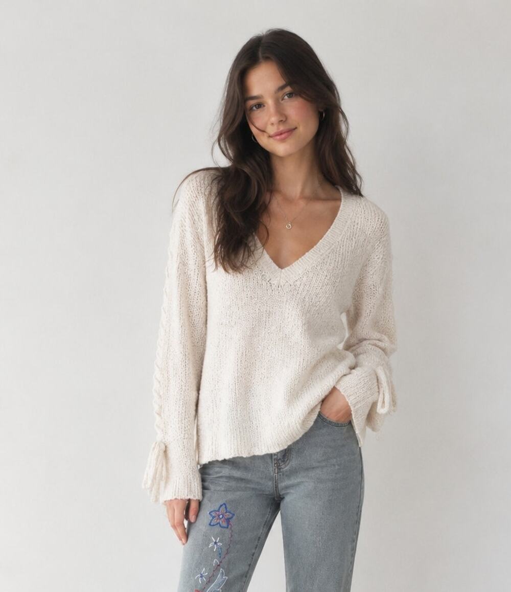 American Eagle Outfitters Cream Sweater Sz Small Lace Up Sleeve